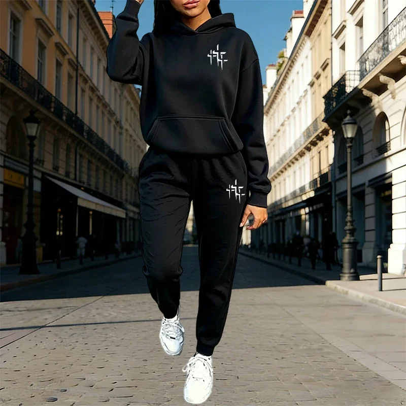 Autumn Winter Home Outdoor Casual Fashion Pure Color Sportswear Cross Print Women's Hoodie Sets Hooded Sweatshirt and Sweatpants image 3