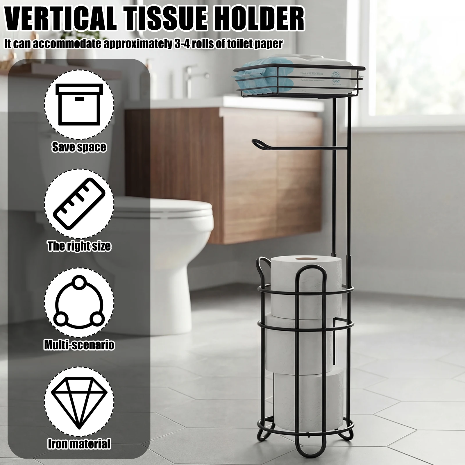 Floor Standing Toilet Paper Holder Iron Bathroom Tissue Dispenser Rust-proof Freestanding Toilet Roll Holder Storage Shelf