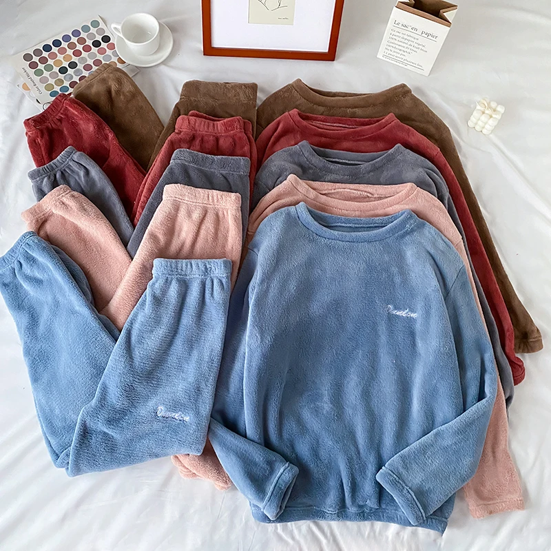 

Women's Flannel Pajamas Set 2024 New Autumn Winter Solid Sleepwear O-neck Top And Elastic Waist Pants Soft Warm Homewear Suit