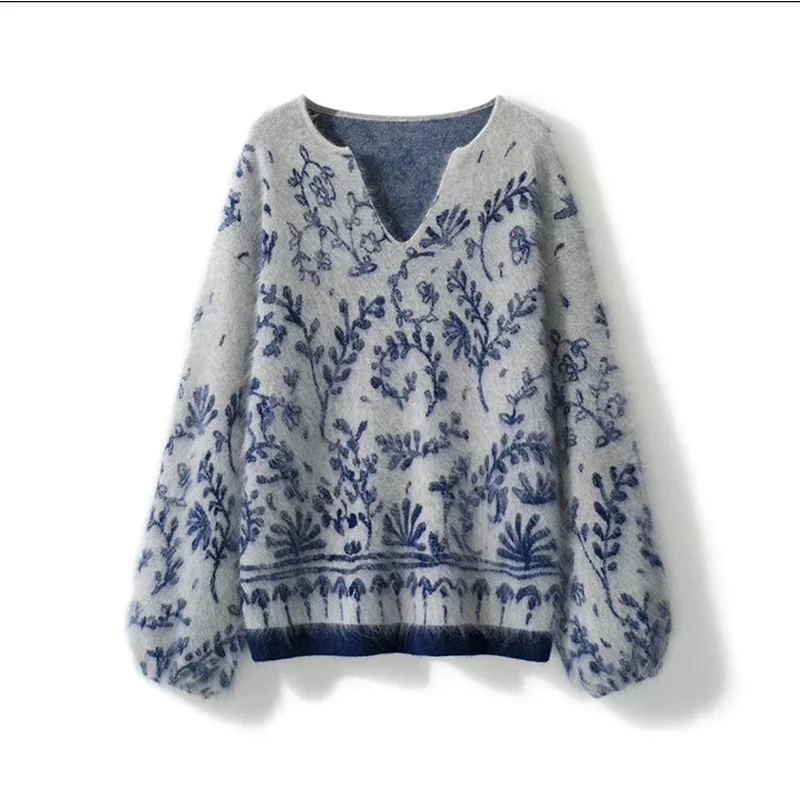 

Retro Ethnic Style Women's Sweater Fashion Autumn Winter Fluffing Wool Blend Scissor Collar Jacquard Knitwear Pullover