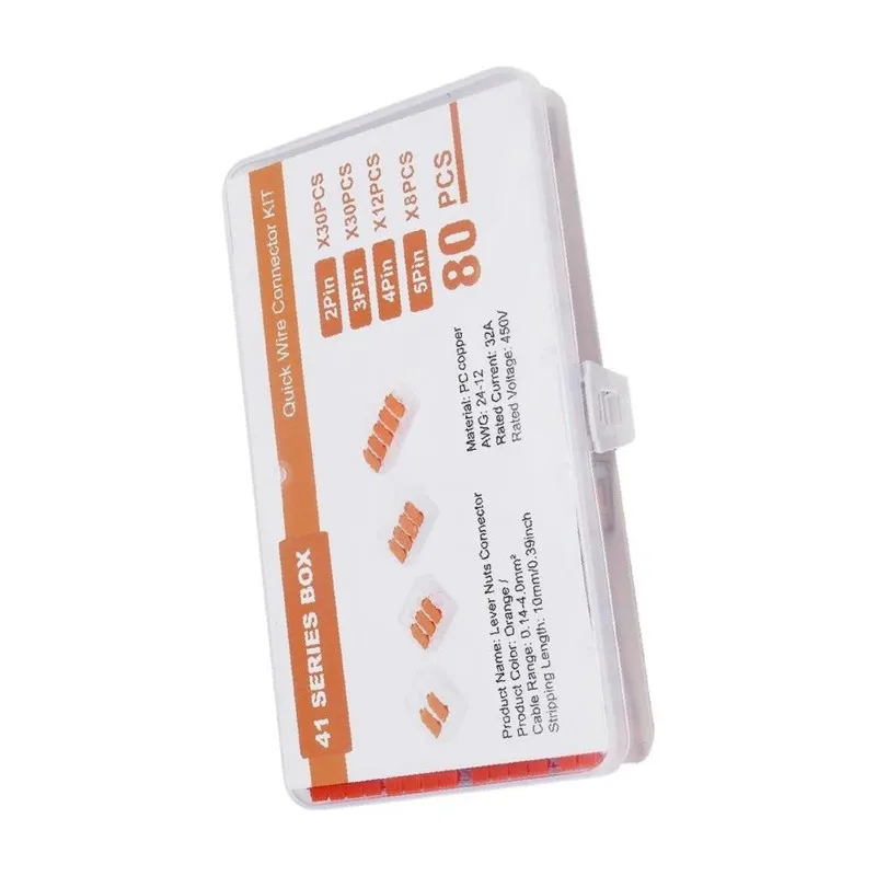B08B-Fireproof PC Block 80 Pcs Electrical Connector Terminal Kit 2/3/4/5 Input Capacities With Levers For 412 413 414 415 Wires