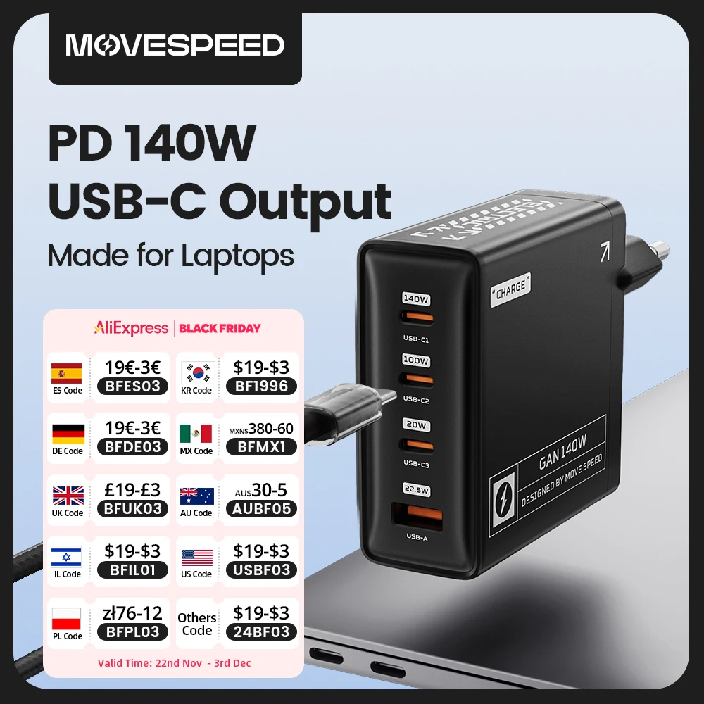 MOVESPEED 140W USB-C Charger PD3.1 High Speed Fast Charging 4 Ports GaN Charger for MacBook Pro Air Surface Lenovo Dell Laptops