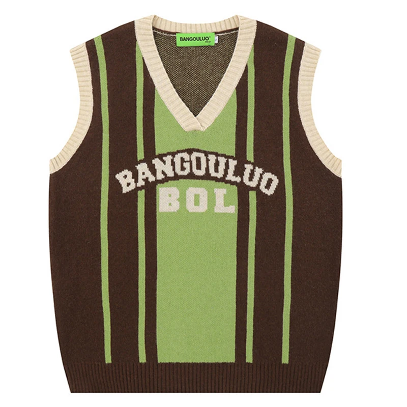 Hip Hop Color Blocking Letter Jacquard Sweater Vest Men Harajuku Oversize Sleeveless Jumper Unisex Vintage Soft Chaleco Hombre