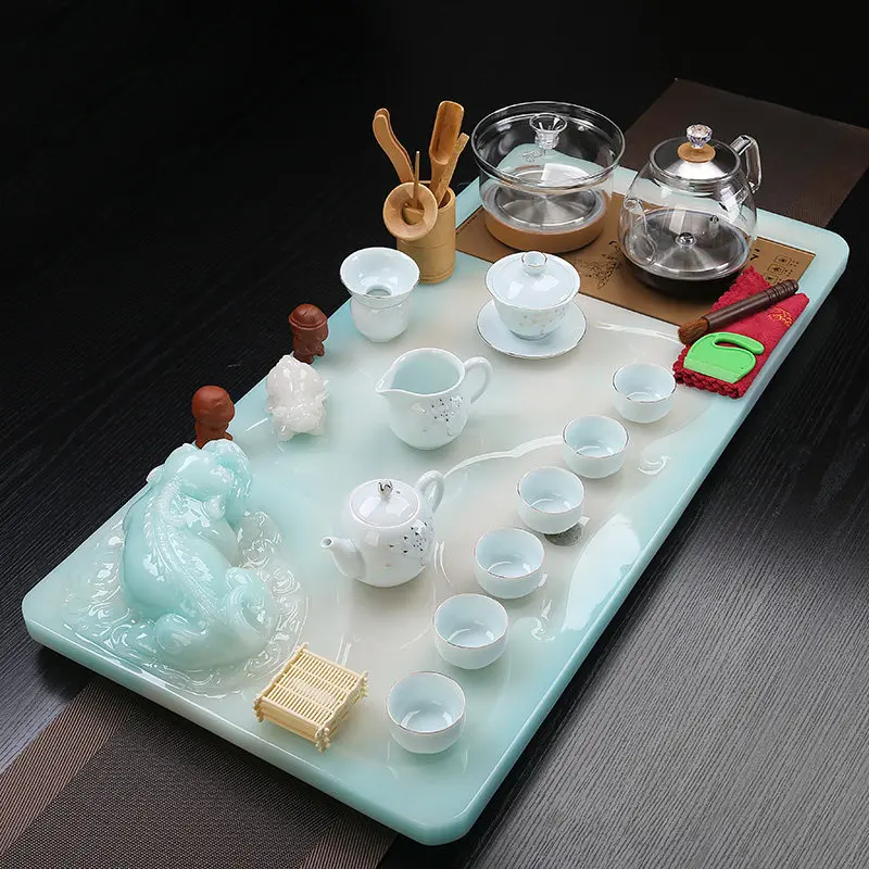 ^Luxury Long Tea Tray Living Room Green Tableware Kitchen Chinese Valet Office Pot Tea Tray Decorative Bandejas Home Products