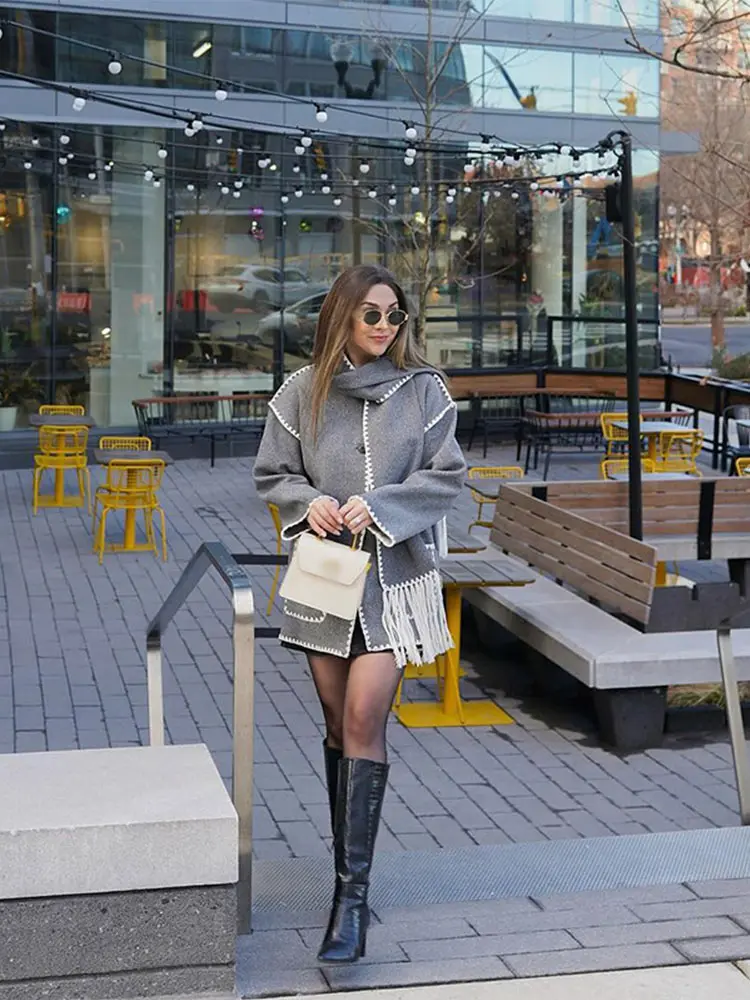 Women Fashion Contrasting Single Breasted Overcoat With Scarf Elegant Long Sleeves Warm Coats Autumn Winter Chic Lady Outwear