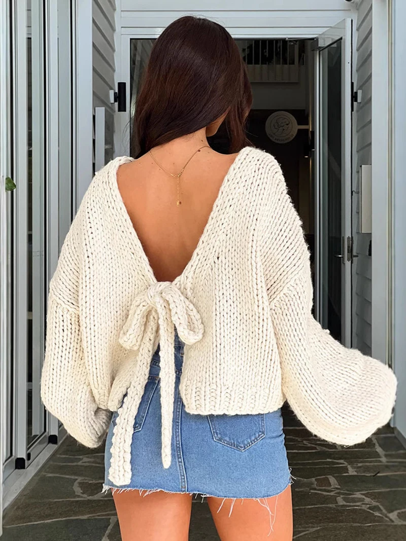 Beige Thick Thread Sweater for Women Autumn Winter New Warm Bow Lace-Up Cardigan Solid Color Reversible Short Knitted Tops
