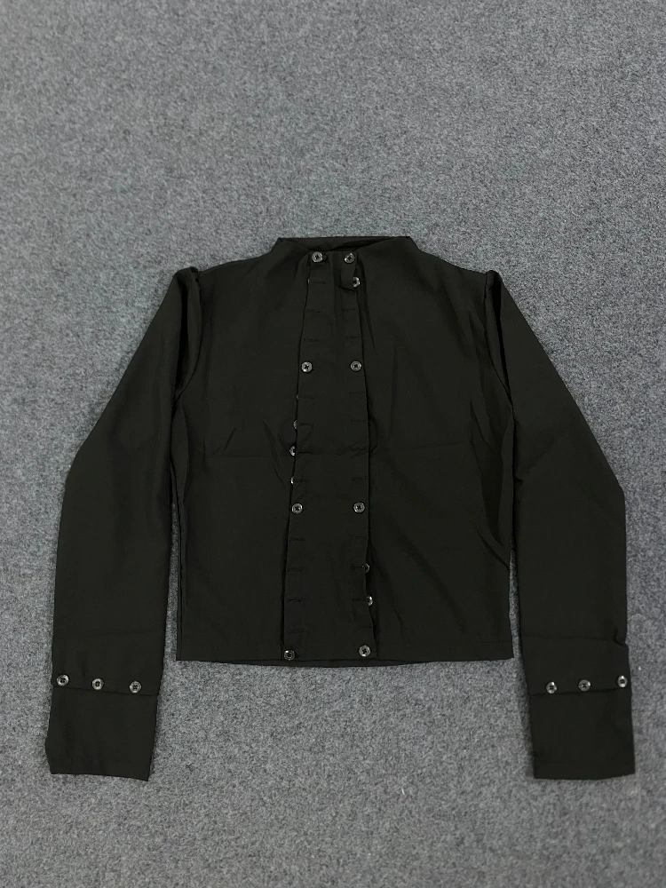 

Осенний американский ленивый уличный сексуальный укороченный топ, креативная асимметричная тенденция, двубортный однотонный женский топ с лацканами и длинными рукавами