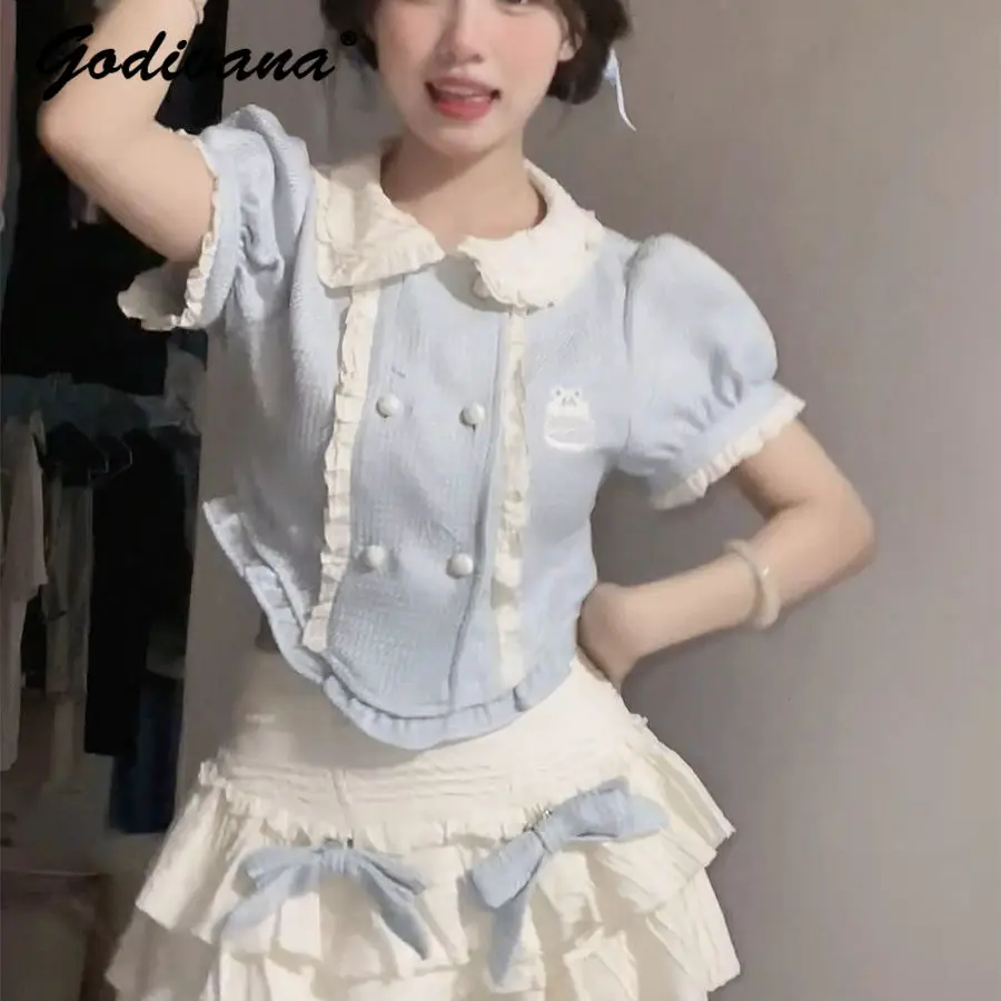 Girls Summer New Lolita Two Piece Set Childrens Sweet Preppy Style Doll Collar Puff Sleeve Lace Trim Blouse Pleated Tutu Skirt