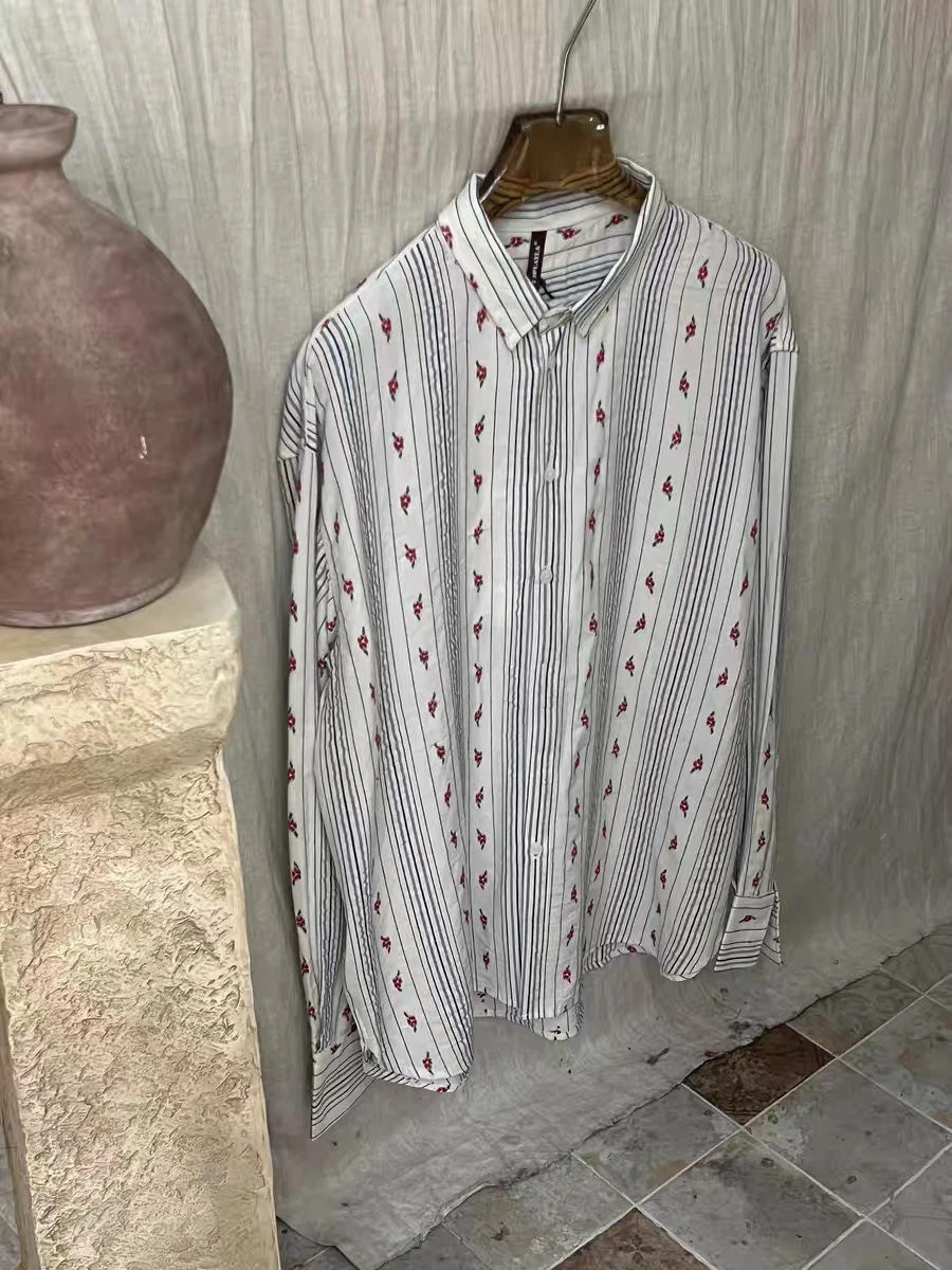 

Classic Striped Floral Print Loose Long Sve irt Men Women Design Drapey Vintage American Sle Breathable Summer Youth F...