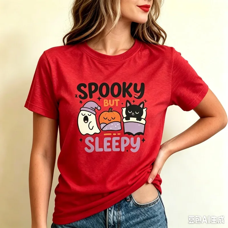 SPOOKY BUT SLEEPY Cute Ghost Pumpkin Women T-Shirt 100% Cotton Tee For Funny Halloween Fall Casual Wear