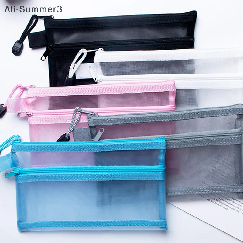 A4 A5 A6 휴대용 이중층 메쉬 지퍼 파일 가방 투명 학생 시험지 데이터 보관 가방 사무실 파일 문구류