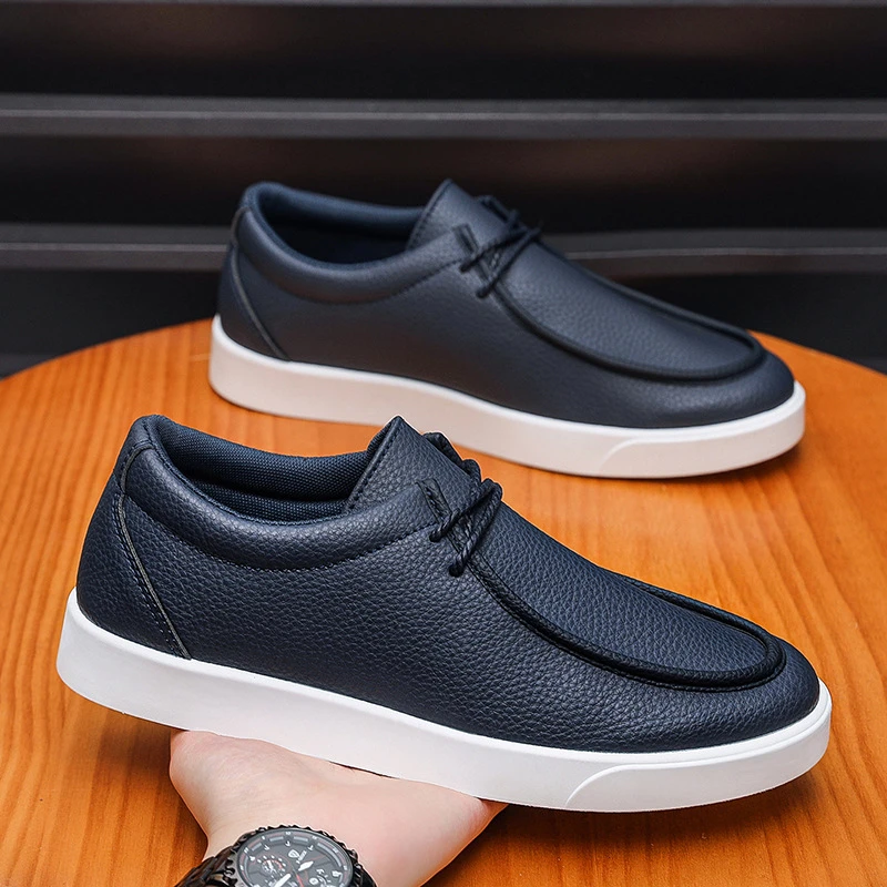 New Fashion Plain Lace-up Loafers Men's Comfort Sneakers Daily Driving Shoes Man Casual Faux Leather Business Moccasins White