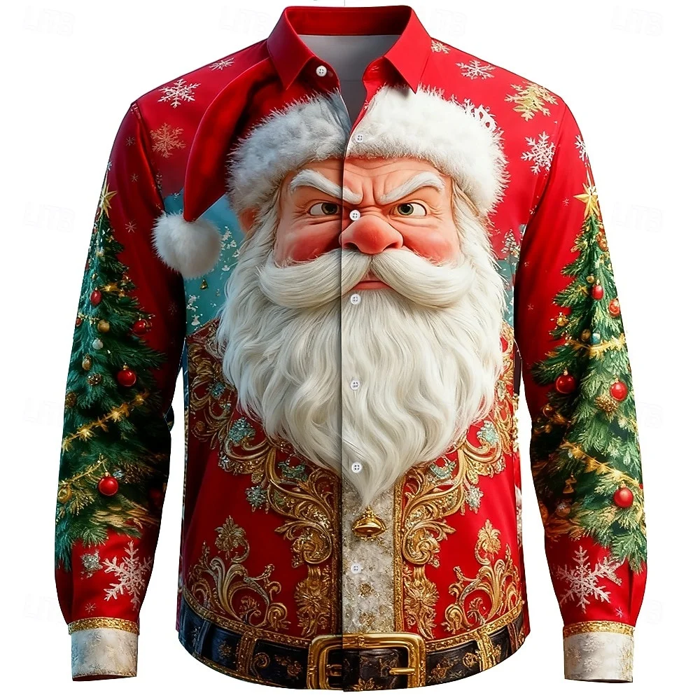 Christmas Men's Shirts Funny Santa Claus Face 3D Print Casual Long Sleeve Shirts Fashion Lapel Tops New Year Gift Shirt for Man