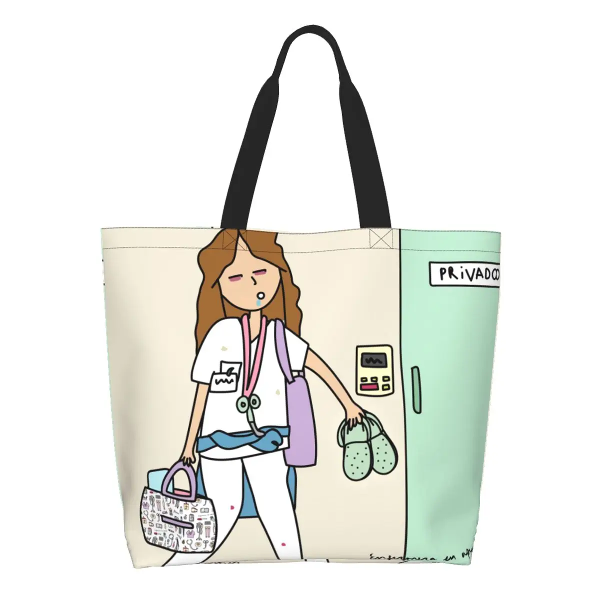 Fashion Cartoon Nurse Enfermera En Apuros Shopping Tote Bag Reusable Health Care Nursing Groceries Canvas Shoulder Shopper Bag