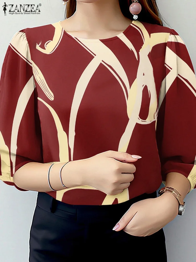 

ZANZEA Office Women Blouses Summer 3/4 Sleeve Printed Holiday Shirt Women Bohemain Beach Tops Tunic Casual O Neck Blusas Chemise