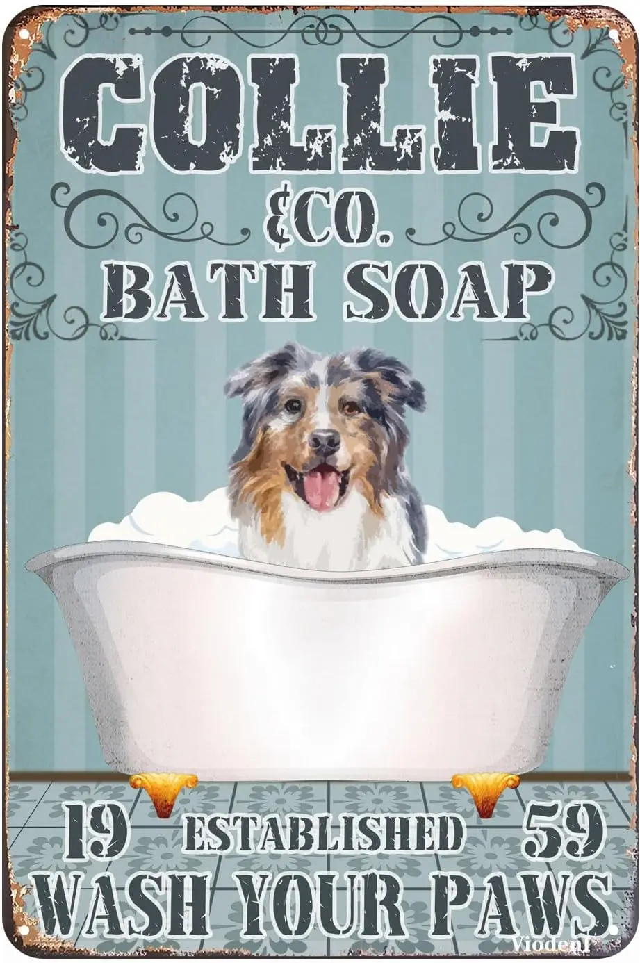 Vintage Metal Tin Sign Border Collie Co. Bath Soap Wash Your Paws Funny Sign Lovely Dog Puppy Pet Art Bathroom Toilet Living Roo