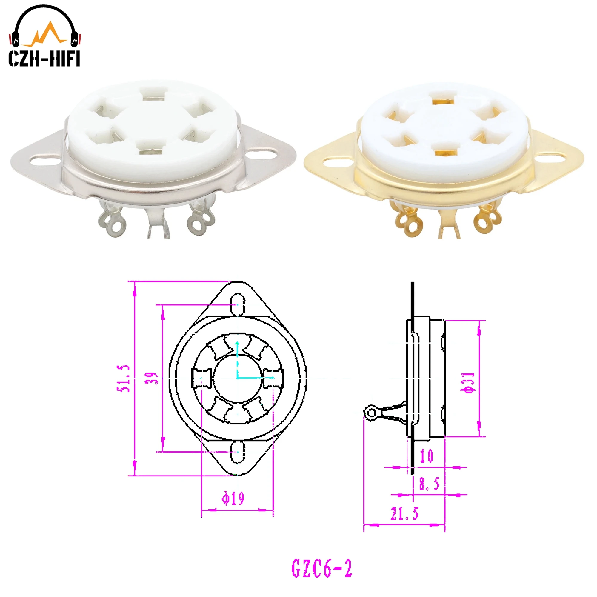 6pin U6A Tube Socket Ceramic Valve Base Power Lamp Jack For 2A5 6C6 6D6 KR43 KR49 VT57 VT58 Chassis Bottom Mount DIY HiFi