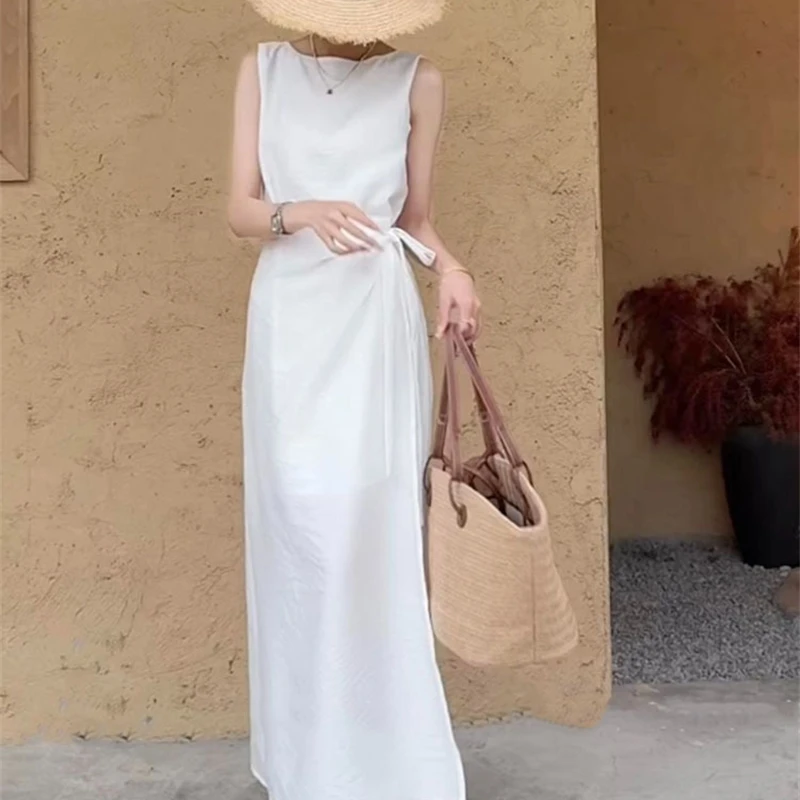 Robe de thé français pour femmes, sans manches, coupe droite, chemise blanche, gilet, décontractée, élégante, mi-longue, été, 2025