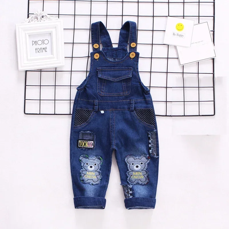 

DIIMUU Toddler Baby Overalls Kids Clothing Boys Girls Denim Jumpsuits Casual Bear Patchwork Jeans Pants Infant Bebe Trousers