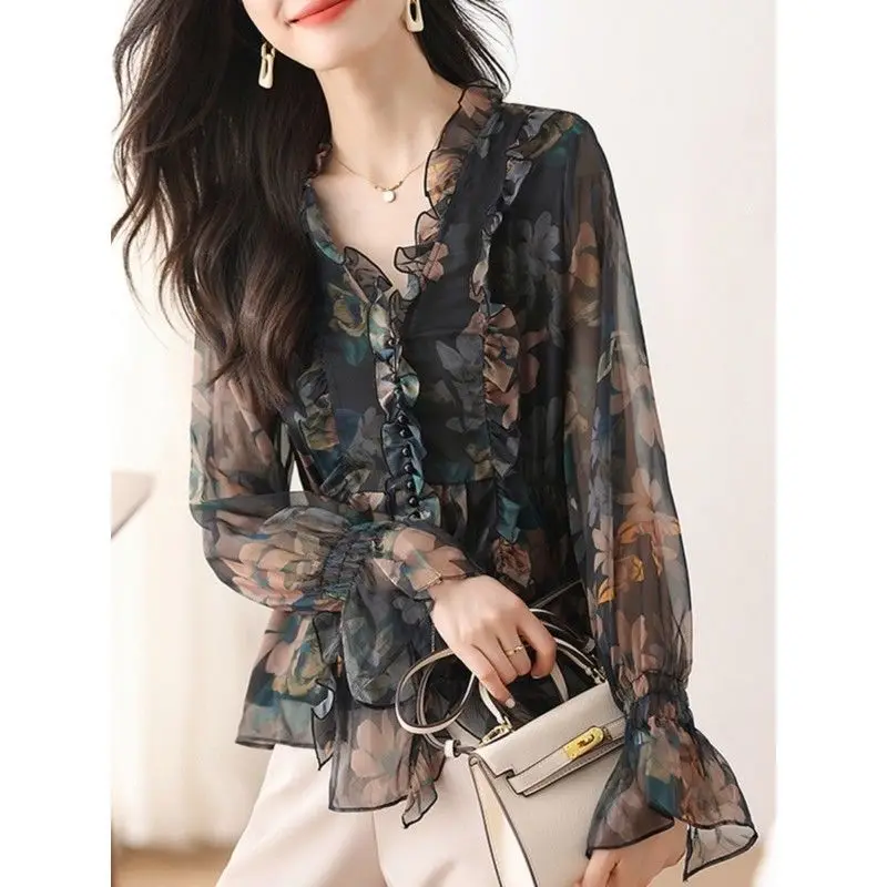 Floral Chiffon Blouse Women Clothing Fashion Ruffles V-neck Flare Sleeve Shirts Spring New Fashionable Patchwork Top Tee Femme