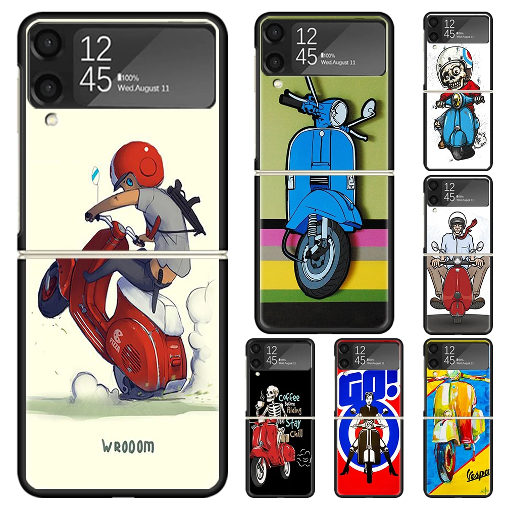 Vespa Scooter Motorcycle Hard PC Phone Case For Samsung Galaxy Z Flip 6 5 4 3 Black Cover ZFlip6 Flip5 Flip4 5G Foldable Print C