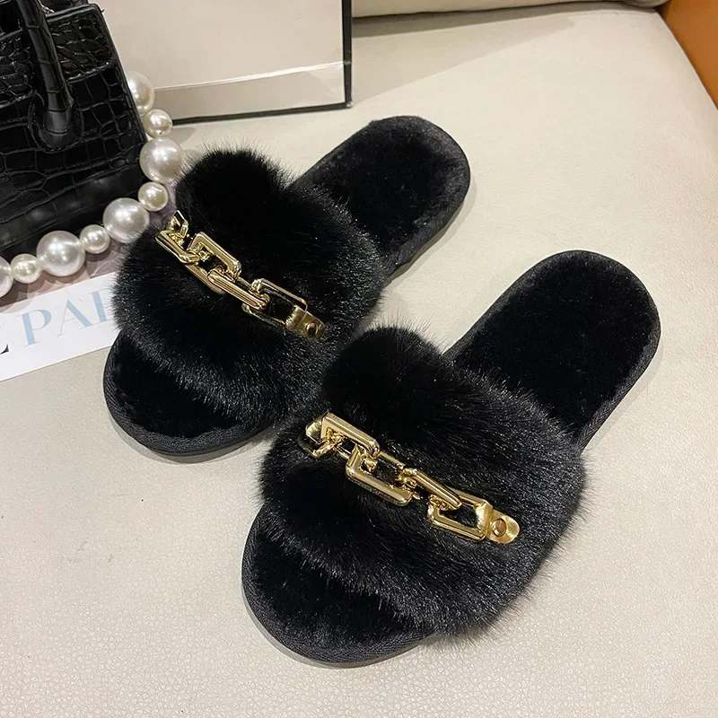 Fluffy Fur Slippers 2024 New Fashion Chain Design Women Home Slippers Winter Indoor Open Toe Flat Non-slip Leisure Female Shoes