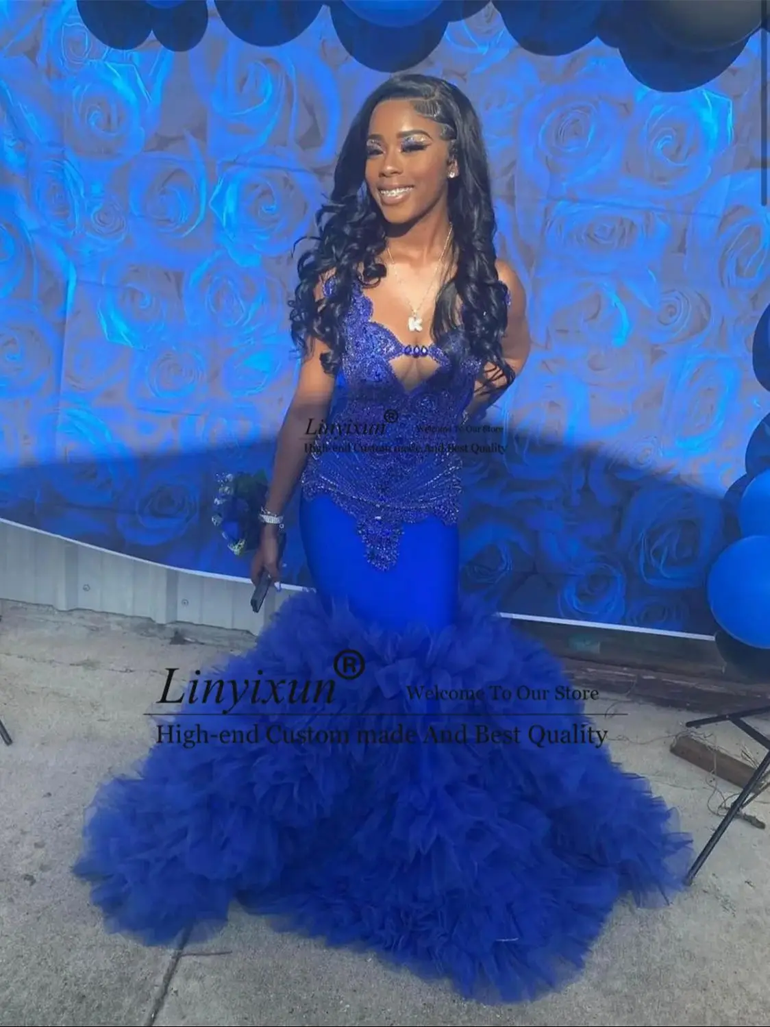 Royal Bluer Mermaid Prom Dress For Black Girls Luxury Diamonds Beaded Crystals Robe De Soiree Ruffle Birthday Evening Party Gown