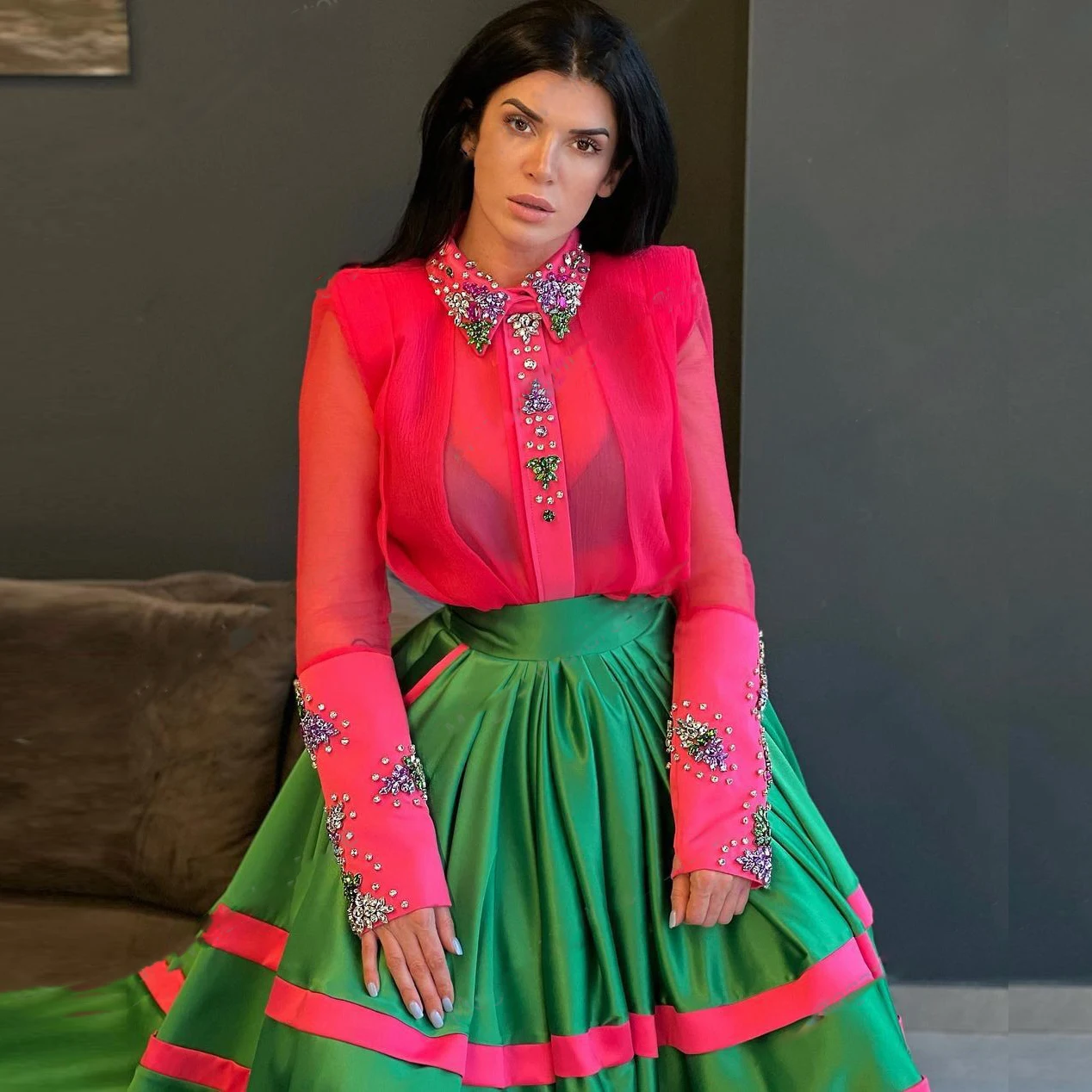 Falda larga verde con cinta rosa para mujer, falda elegante con bolsillos, largo hasta el tobillo, cierre de cremallera