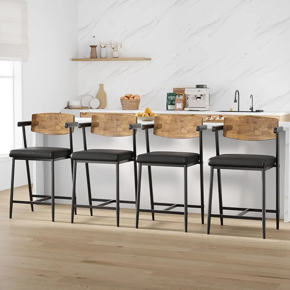 Bar Stools Set Of 2 With Armrests, Counter Height Bar Stools Set With Footrest & Wood Back, Metal Barstools Set With Wide