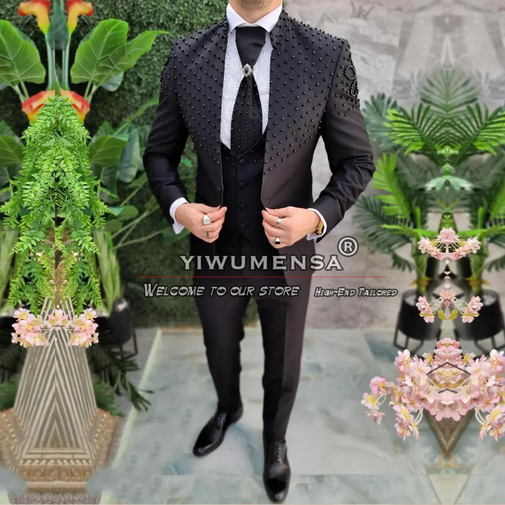 Handmade Black Peals Suits Men For Wedding Italian Design Groom Tuxedo For Man Business Boyfriend Party Birthday Costume Homme