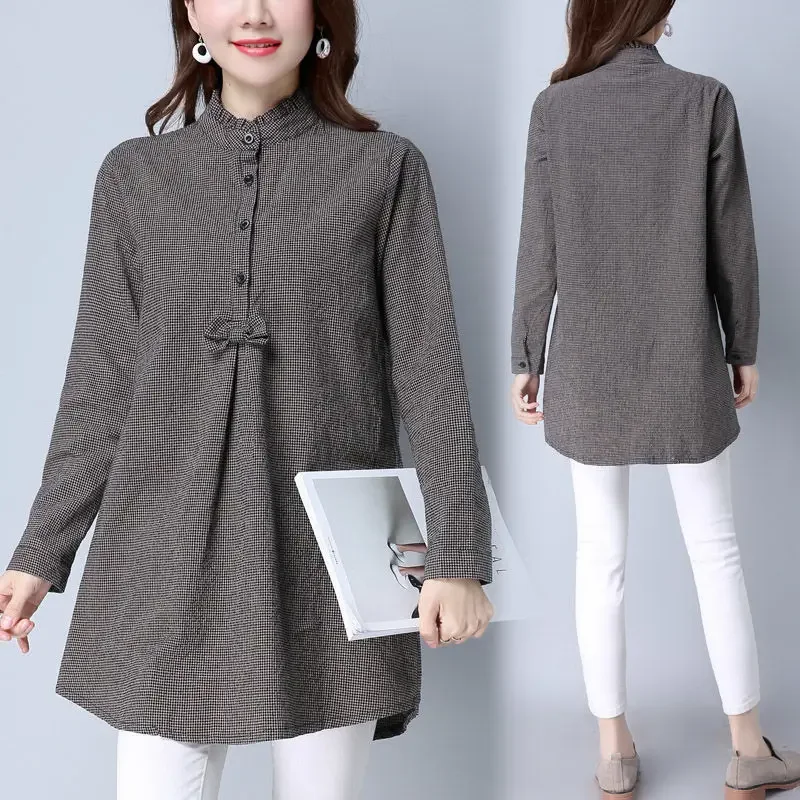

Neck Button Plaid Loose Medium Long Sleeve Casual Shirt Tops Women's Autumn and Winter New Fashion and Elegant Pullover Stand