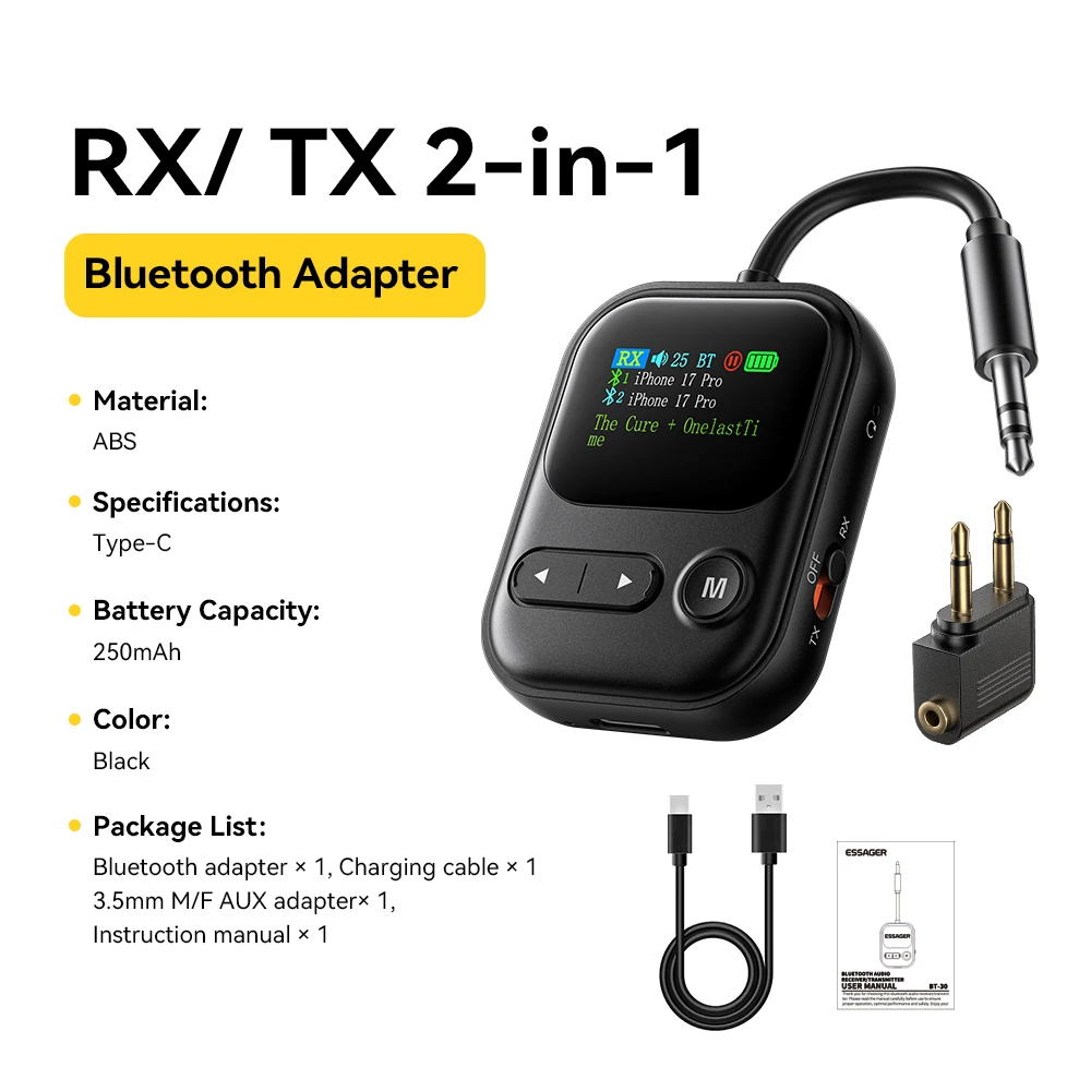 Essager Bluetooth 6.0 Zender Ontvanger RT/TX 2 In 1 Adapter Met LED Display Microfoon Voor Auto Speaker 3.5MM AUX Bluetooth Dongle