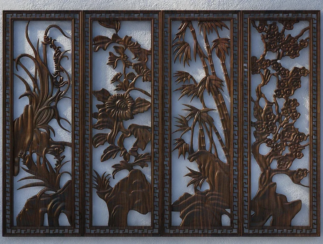 4pcs set plum blossoms/orchid/bamboo/chrysanthemum 3d model relief for cnc carving engraving in STL file format artcam aspire