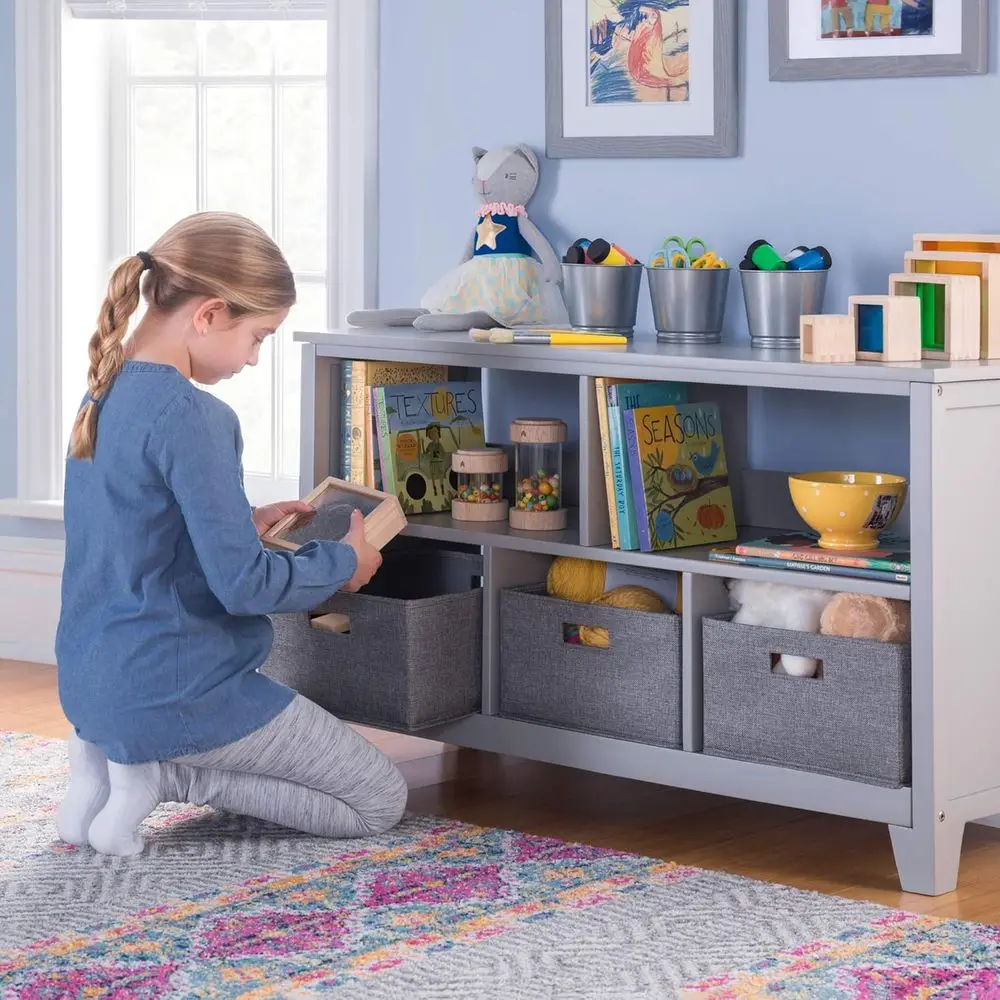 

24 Inch Gray Wooden Kids' Bookcase with Fabric Storage Bins for Playroom and Bedroom