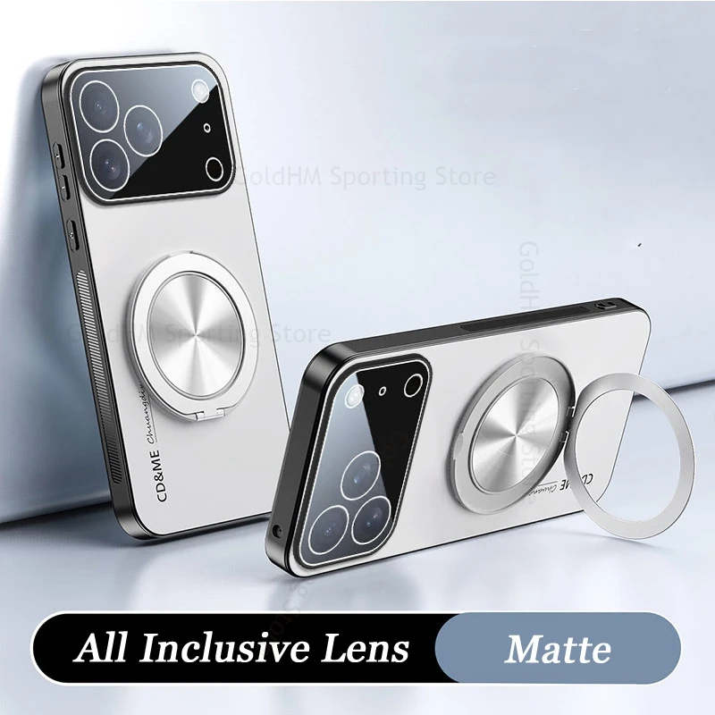 

360° Kickstand Phone Matte Case For iPhone 17 16 Pro Max Lens Film Protector Ring Stand Cover For Apple 17 Air 15 Pro 14 Pro Max