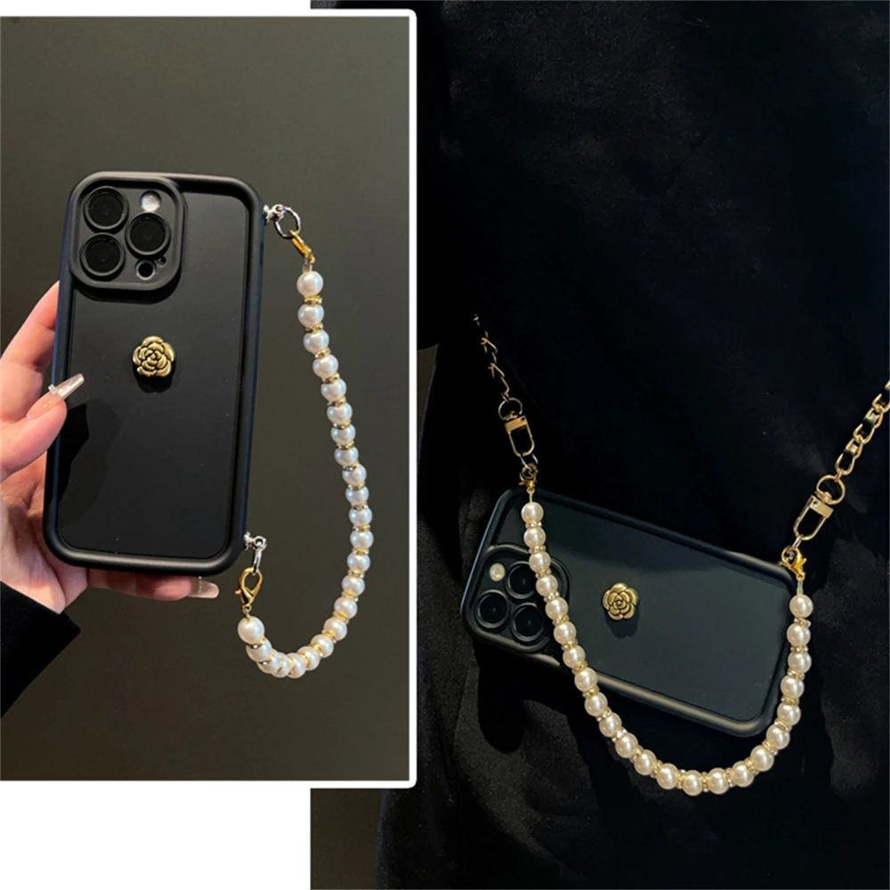 Korea 3D Camellia Pearl Chain Crossbody Lanyard Soft Case For iPhone 15 14 Pro Max 12 13 11 XS XR 7 8 Plus Shockproof Back Cover