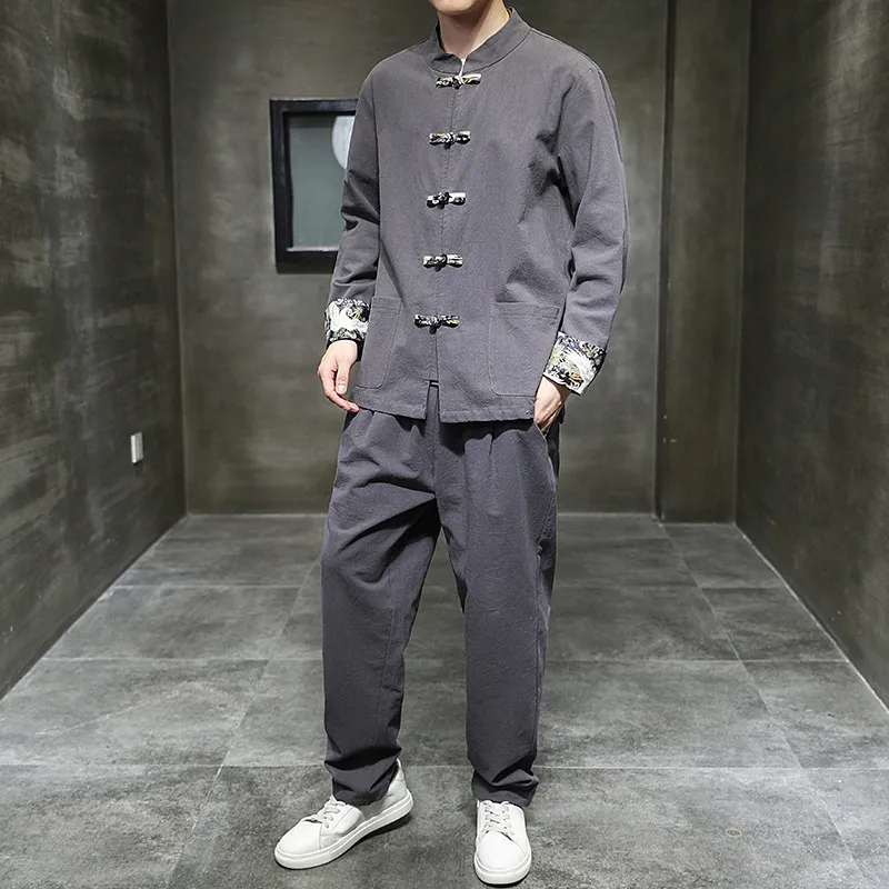 Two piece set （Coats +Pants）Chinese Style Jacket Men's Linen Cotton Shirt Men's Casual Loose Pants Retro Kungfu Tai Chi Trousers