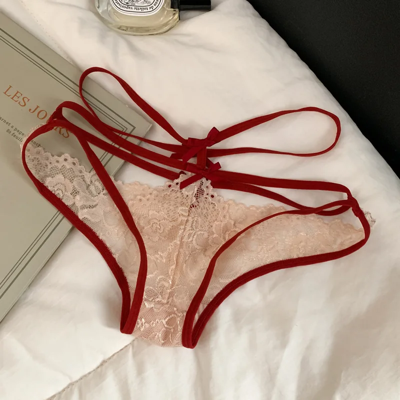 Damen-Triangel-Höschen mit niedriger Taille, Spitzenbesatz, Hohldesign, atmungsaktives Mesh, Schmetterlingsknoten, sexy Unterwäsche für