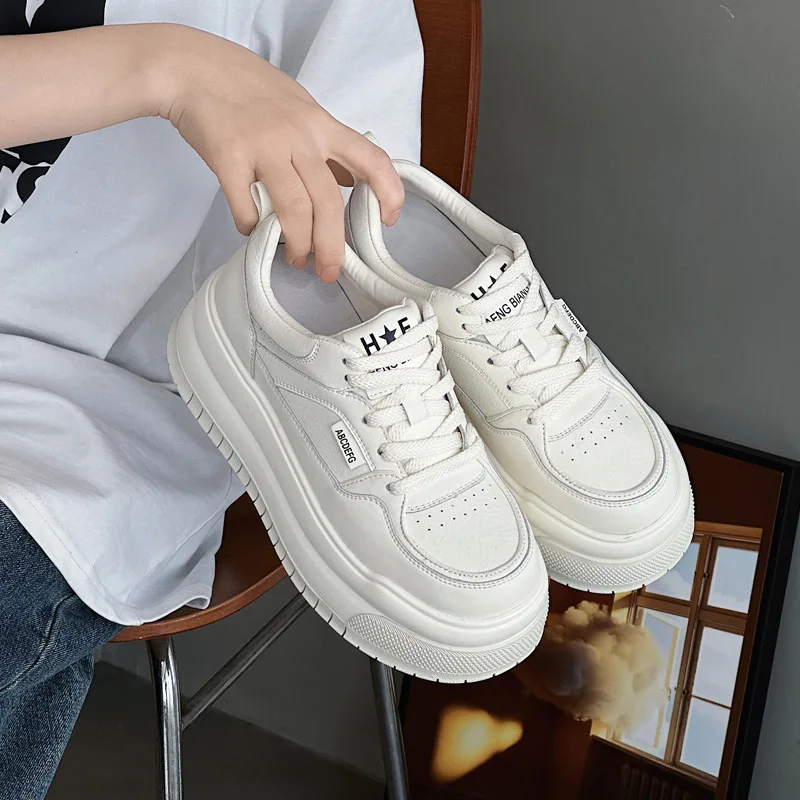 

Real leather white shoes, women's new height increasing board shoes, versatile casual sponge cake shoes