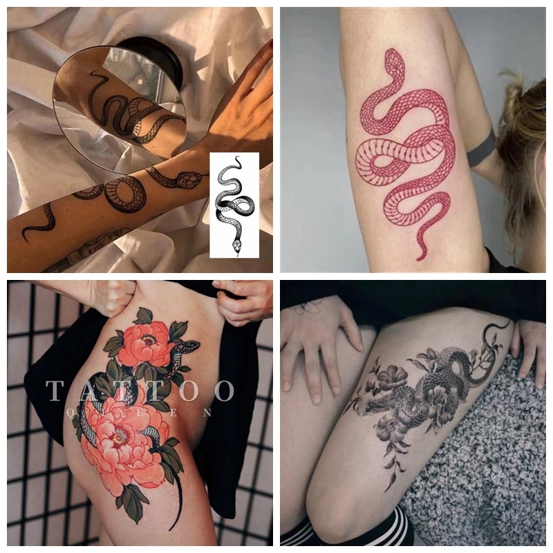 

Big Black Red Snake Temporary Tattoo Stickers Waterproof Flower Arm Faux Tatouage Cool Femme Male Sexy Art Fake Tattoo Tatuagem