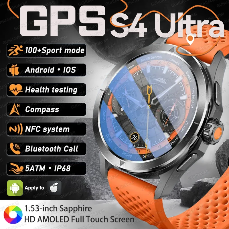 

New S4 Ultra GPS Tracking Sport Smart Watch Man AMOLED HD Screen Bluetooth Call NFC Heart Rate Waterproof Smart Bracelet T-REX 3