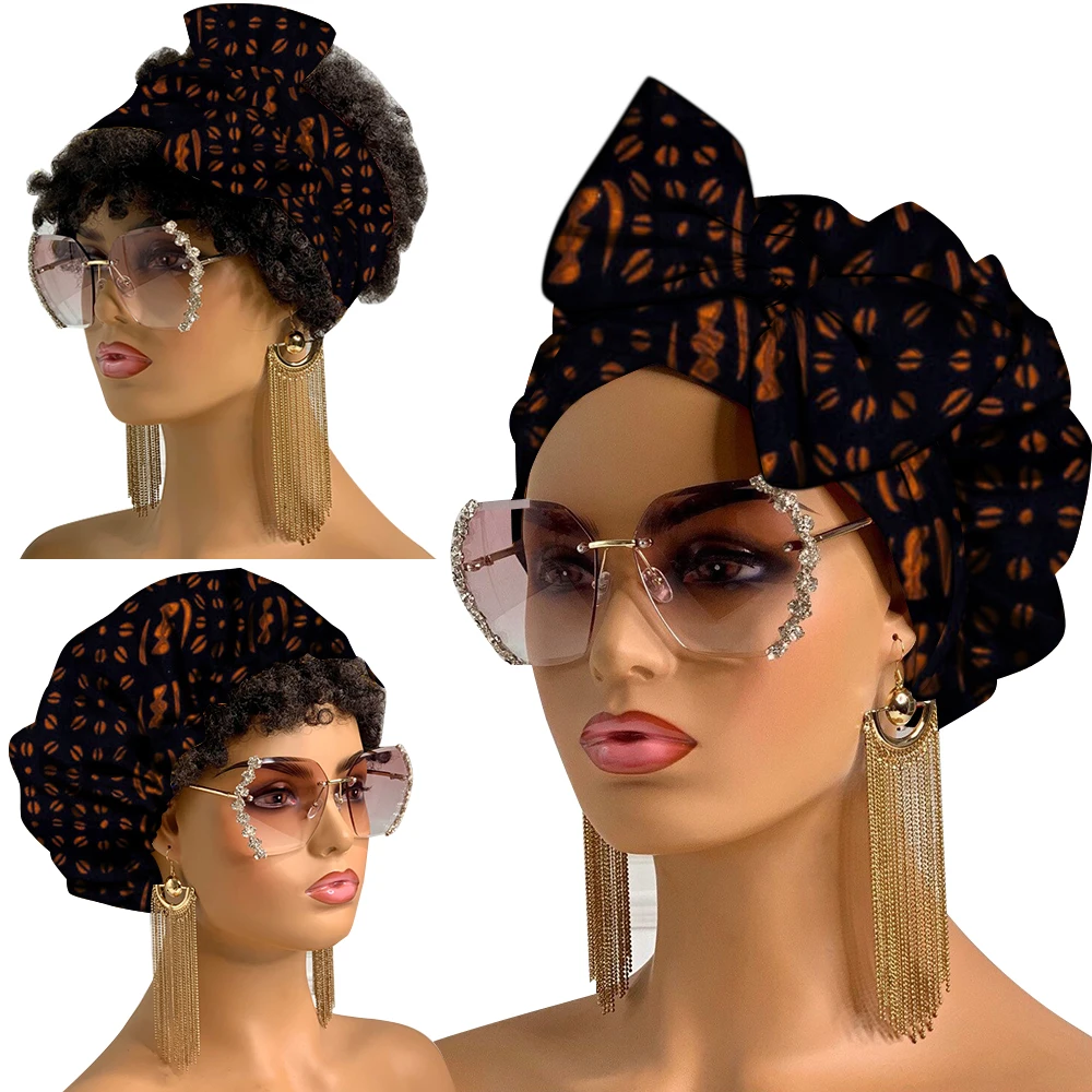African Turban Cap with Ties African Material Cotton Two Pieces Set Ankara Bonnet and Headwrap Women Hair Accessories Wyb798 - view 2