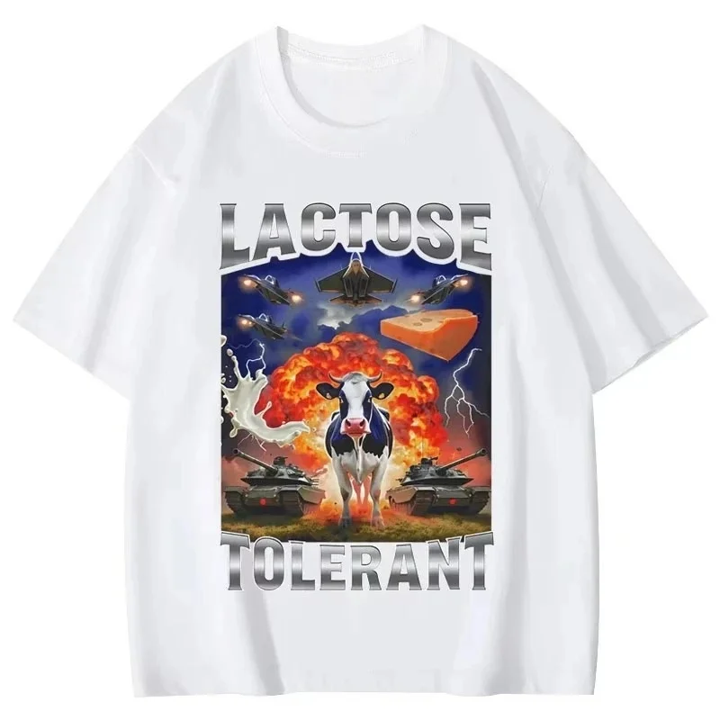 2026 Summer Lactose Tolerant Funny Cow Meme Graphic T Shirts Women's Fashion Vintage Short Sleeve T-shirt Streetwear Y2K Top
