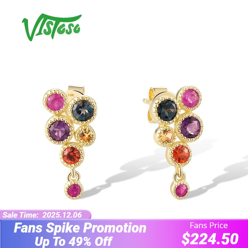 

VISTOSO Pure 14K 585 Yellow Gold Stud Earrings For Women Sparkling Multi-Color Gems Cute Bubble Daily Wear Trendy Fine Jewelry