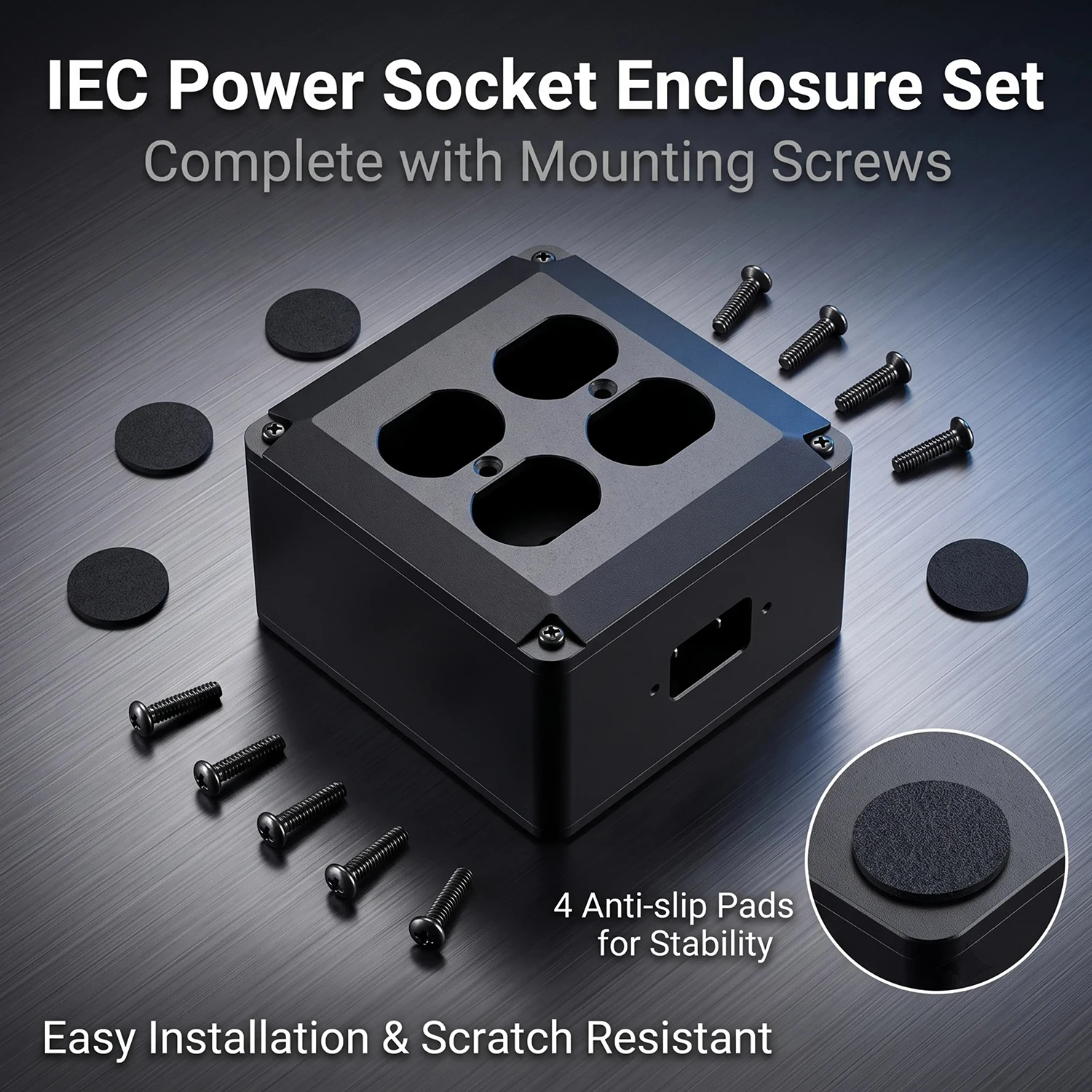 YIVO XSSH OEM Aluminum Alloy IEC Socket Shell Box 4‑Hole Design, With Screws Anti‑Slip Pads for HIFI Amplifier Power DIY Project