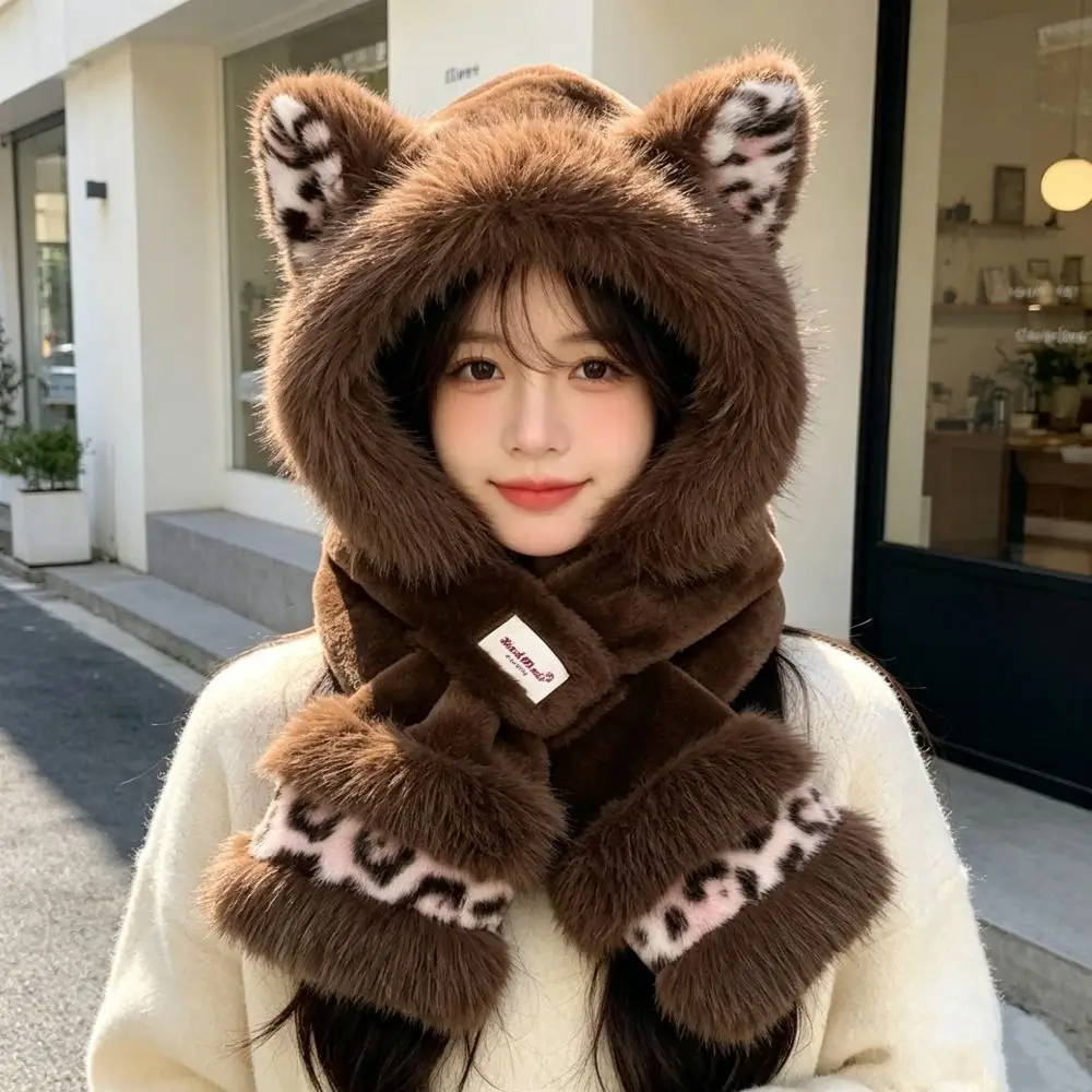 Stylish Leopard Hat Scarf Set Polyester Lining Fox Ear Hat Set Hooded Neck Warmer Cold Weather