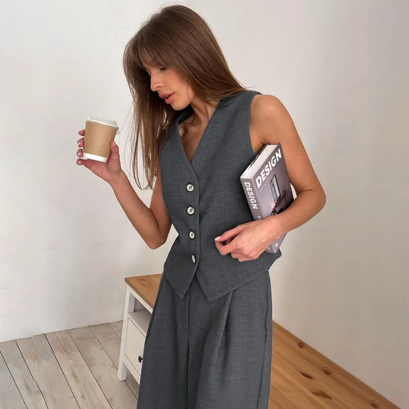 Summer New Sleeveless Button Waistcoat Suit V-neck Top Trousers Set 2024 Fashion Commuter Simple Two Piece Sets Womens Outifits