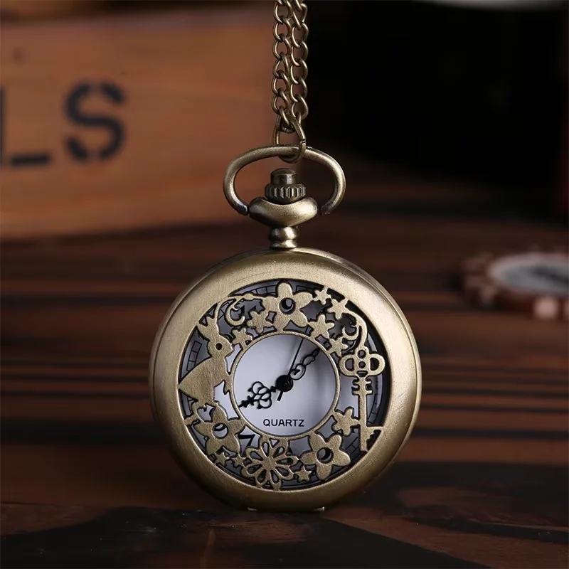 8021Engraved hollow rabbit flower key retro pocket watch Large nostalgic hollow flower pocket watch