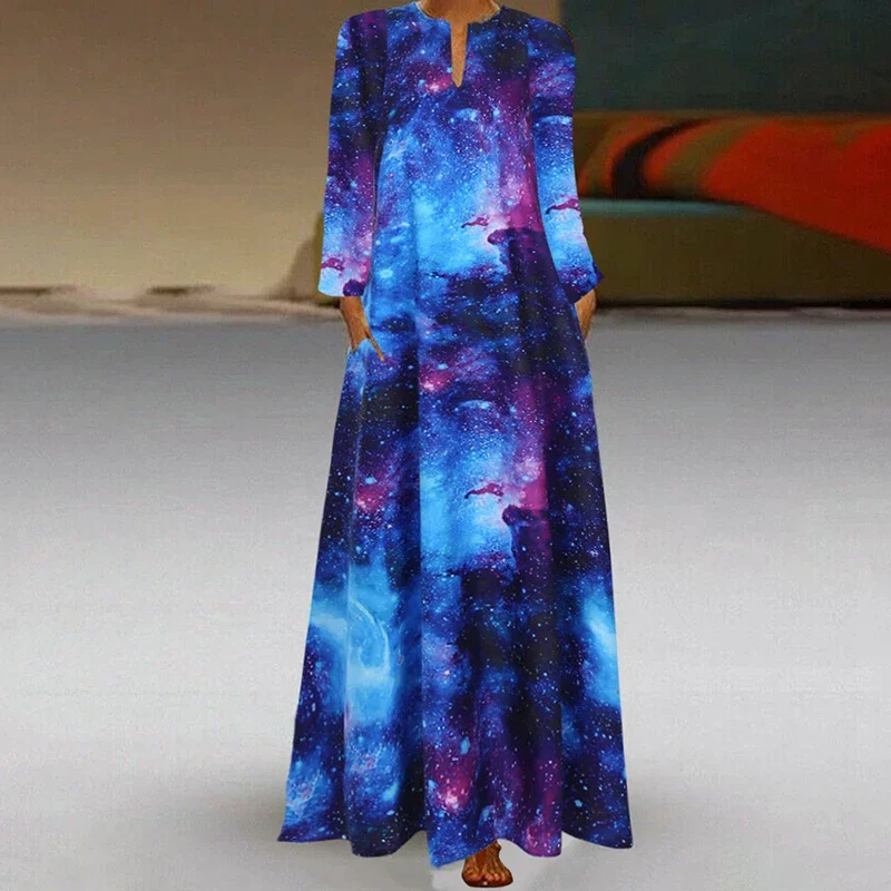 Autumn Winter New Niche Starry Sky Print Women Dresses Casual Elegant V-Neck Long Sleeve Loose Waist Female Vintage A-Line Dress