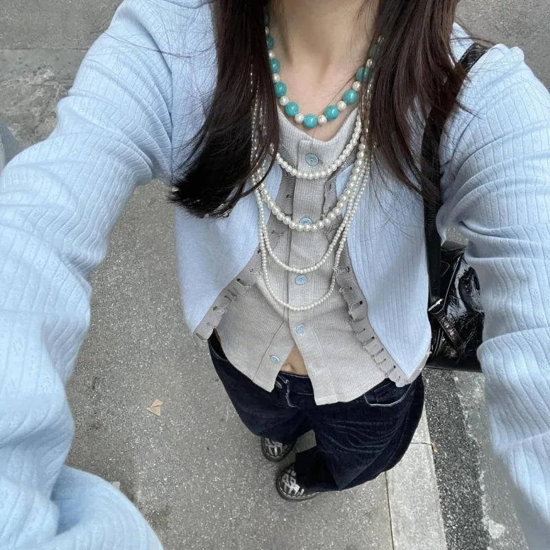 Artist Two-Piece Autumn Winter Blue Patchwork Color-Block Top
